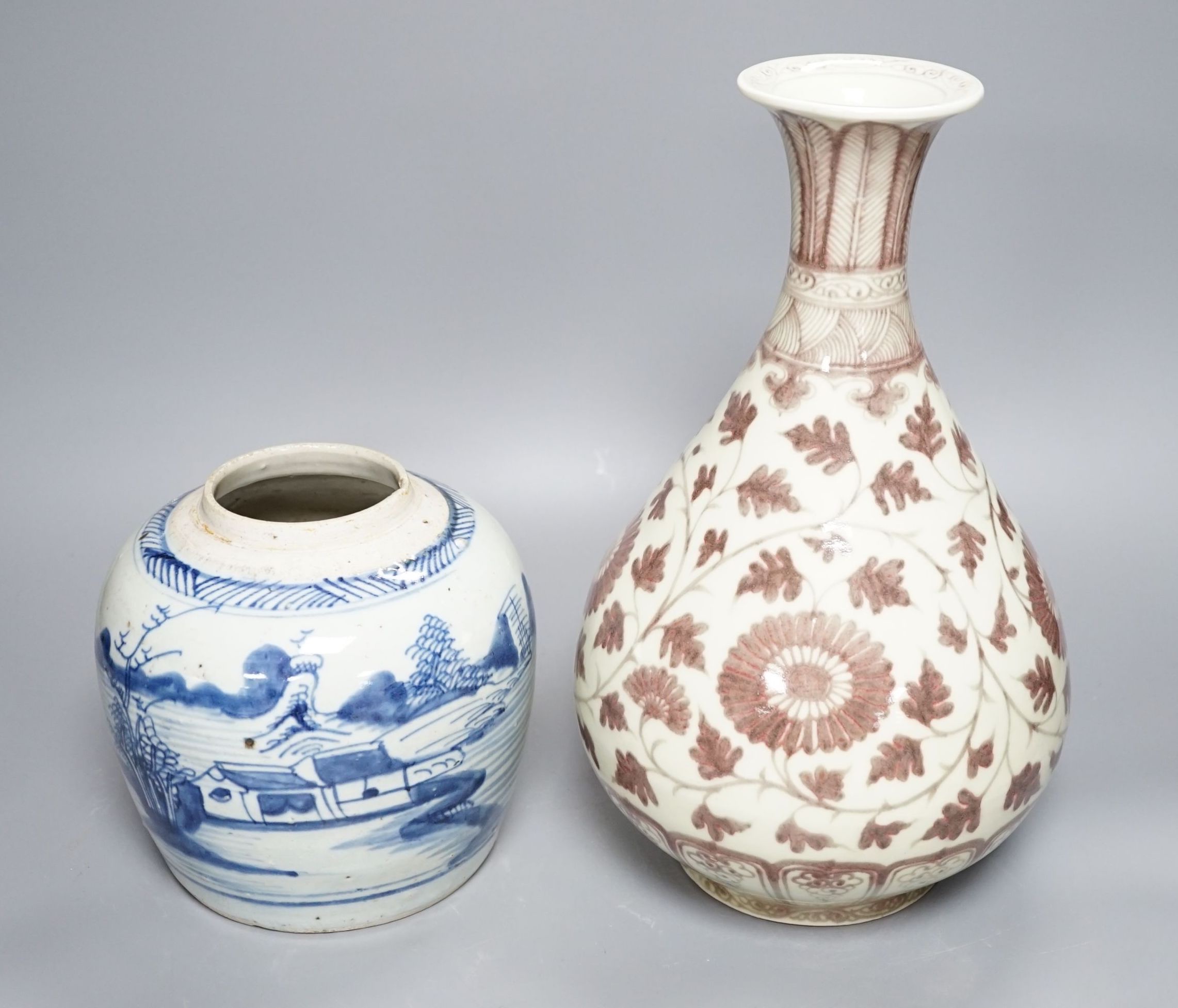 A Chinese red underglaze baluster jar, 32cm, and a 19th century Chinese blue and white ginger jar